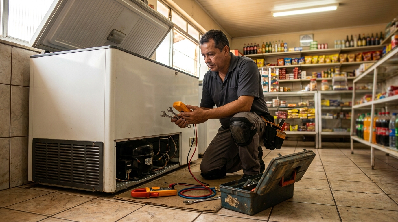 Profissional executando manutenção no motor de freezer em Sorocaba‑SP